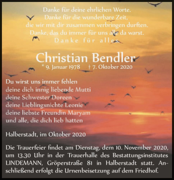 Traueranzeige von Christian Bendler  von Magdeburger Volksstimme
