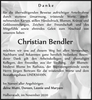 Traueranzeige von Christian Bendler  von Magdeburger Volksstimme
