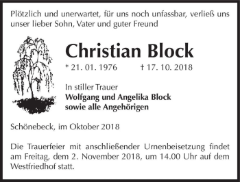 Traueranzeige von Christian Block  von Magdeburger Volksstimme