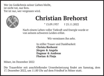 Traueranzeige von Christian Brehorst  von Magdeburger Volksstimme