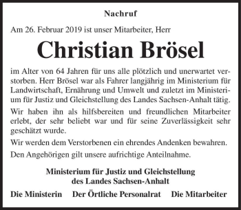 Traueranzeige von Christian Brösel  von Magdeburger Volksstimme