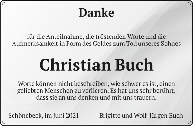  Traueranzeige für Christian Buch  vom 26.06.2021 aus Magdeburger Volksstimme