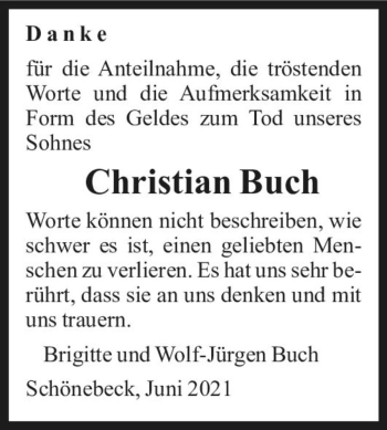 Traueranzeige von Christian Buch  von Magdeburger Volksstimme