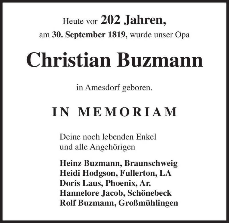  Traueranzeige für Christian Buzmann  vom 30.09.2021 aus Magdeburger Volksstimme