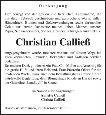 Traueranzeige von Christian Calließ  von Magdeburger Volksstimme