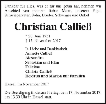 Traueranzeige von Christian Calließ  von Magdeburger Volksstimme