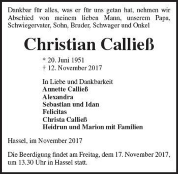 Traueranzeige von Christian Calließ  von Magdeburger Volksstimme