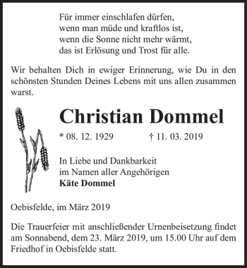 Traueranzeige von Christian Dommel  von Magdeburger Volksstimme