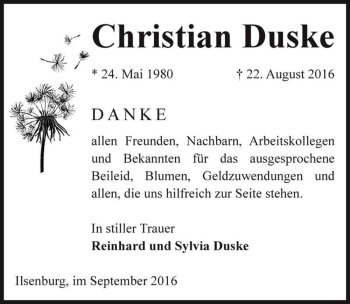 Traueranzeige von Christian Duske  von Magdeburger Volksstimme