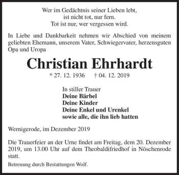 Traueranzeige von Christian Ehrhardt  von Magdeburger Volksstimme