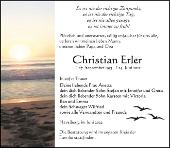 Traueranzeige von Christian Erler  von Magdeburger Volksstimme