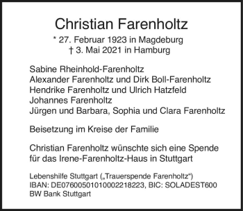 Traueranzeige von Christian Farenholtz  von Magdeburger Volksstimme