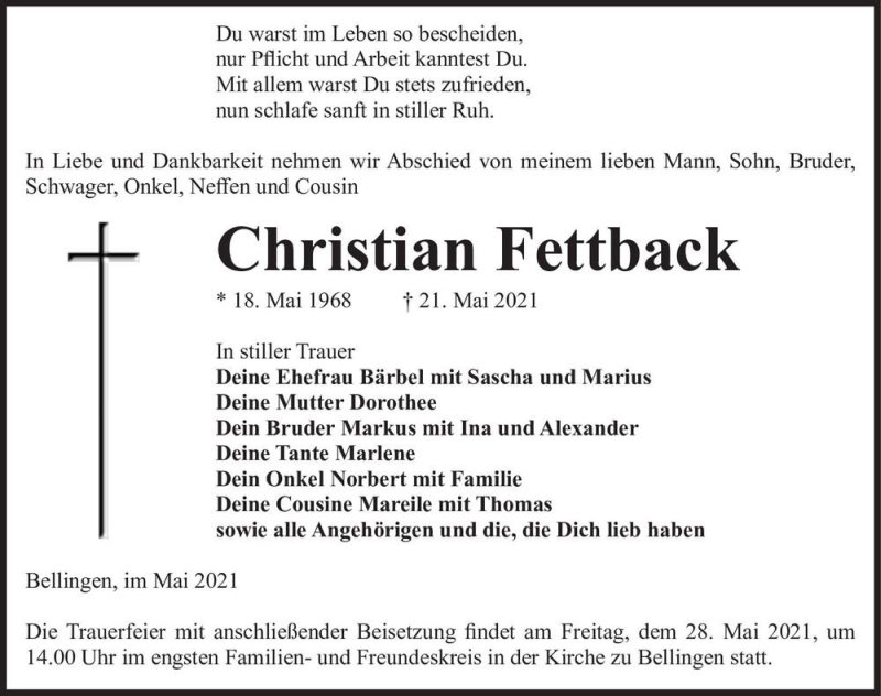  Traueranzeige für Christian Fettback  vom 26.05.2021 aus Magdeburger Volksstimme