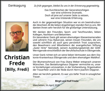 Traueranzeige von Christian Frede (Billy, Fredi)  von Magdeburger Volksstimme