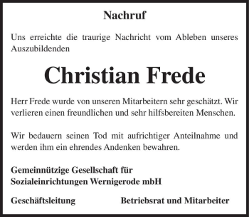 Traueranzeige von Christian Frede  von Magdeburger Volksstimme