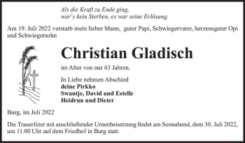 Traueranzeige von Christian Gladisch  von Magdeburger Volksstimme