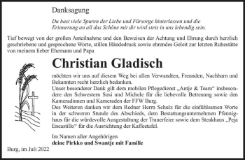 Traueranzeige von Christian Gladisch  von Magdeburger Volksstimme