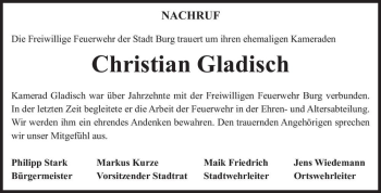 Traueranzeige von Christian Gladisch  von Magdeburger Volksstimme