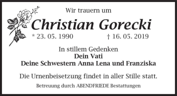 Traueranzeige von Christian Gorecki  von Magdeburger Volksstimme