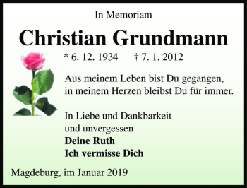 Traueranzeige von Christian Grundmann  von Magdeburger Volksstimme
