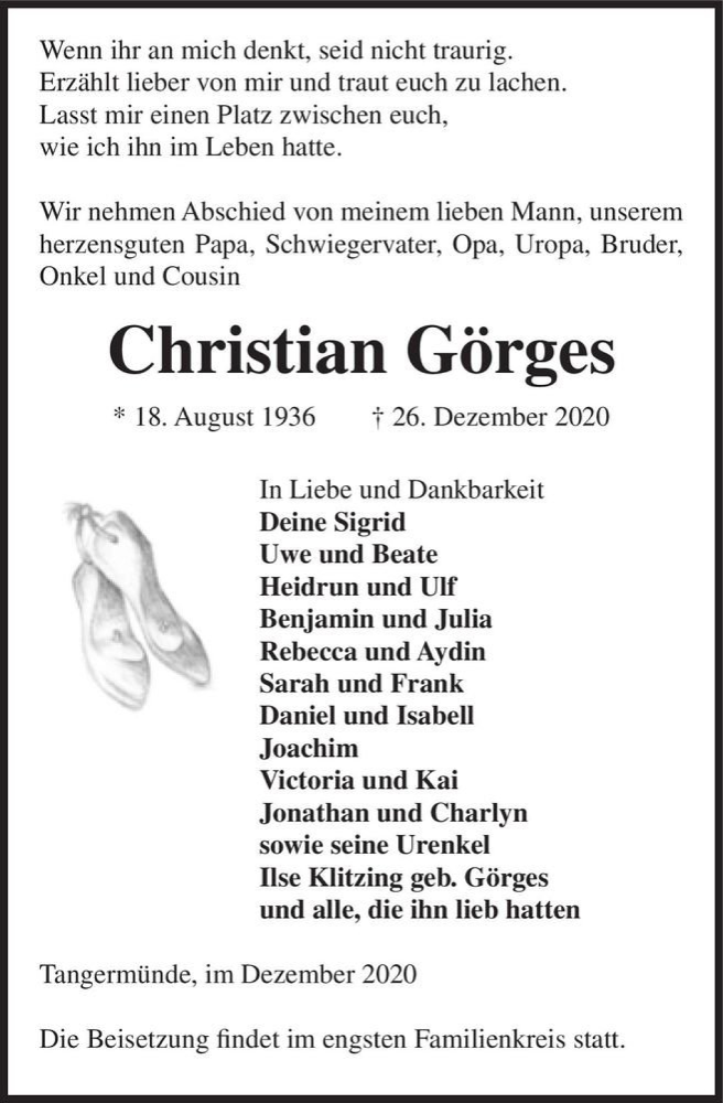  Traueranzeige für Christian Görges  vom 02.01.2021 aus Magdeburger Volksstimme