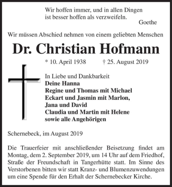 Traueranzeige von Christian Hofmann  von Magdeburger Volksstimme