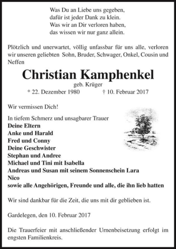 Traueranzeige von Christian Kamphenkel (geb. Krüger)  von Magdeburger Volksstimme