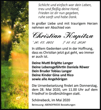 Traueranzeige von Christian Kapitza  von Magdeburger Volksstimme