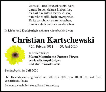 Traueranzeige von Christian Kartschewski  von Magdeburger Volksstimme