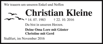 Traueranzeige von Christian Kleine  von Magdeburger Volksstimme