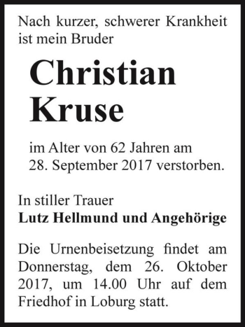 Traueranzeige von Christian Kruse  von Magdeburger Volksstimme