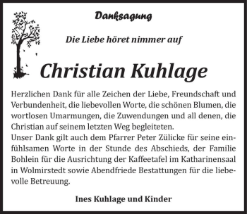 Traueranzeige von Christian Kuhlage  von Magdeburger Volksstimme