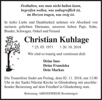 Traueranzeige von Christian Kuhlage  von Magdeburger Volksstimme