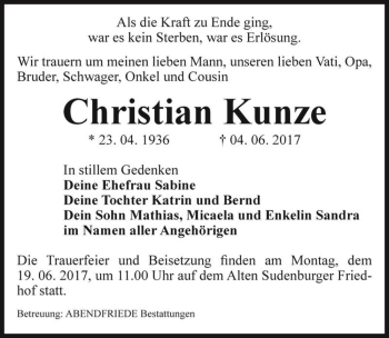 Traueranzeige von Christian Kunze  von Magdeburger Volksstimme