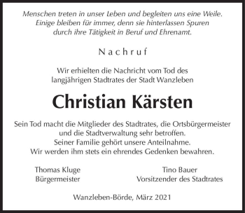 Traueranzeige von Christian Kärsten  von Magdeburger Volksstimme