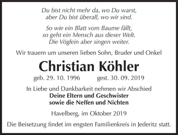 Traueranzeige von Christian Köhler  von Magdeburger Volksstimme