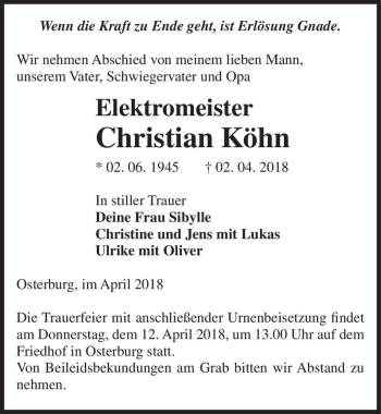 Traueranzeige von Christian Köhn  von Magdeburger Volksstimme