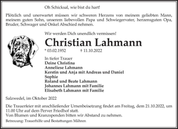 Traueranzeige von Christian Lahmann  von Magdeburger Volksstimme