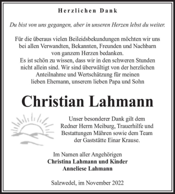 Traueranzeige von Christian Lahmann  von Magdeburger Volksstimme