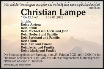 Traueranzeige von Christian Lampe  von Magdeburger Volksstimme