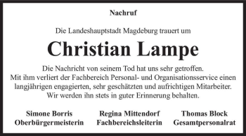 Traueranzeige von Christian Lampe  von Magdeburger Volksstimme