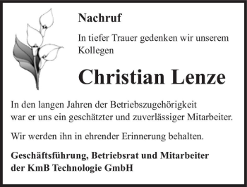 Traueranzeige von Christian Lenze  von Magdeburger Volksstimme