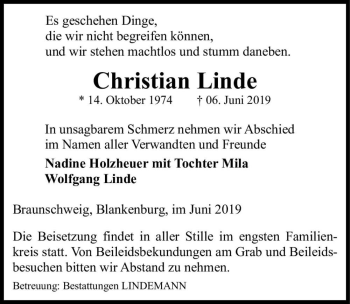 Traueranzeige von Christian Linde  von Magdeburger Volksstimme