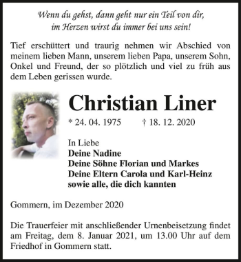 Traueranzeige von Christian Liner  von Magdeburger Volksstimme