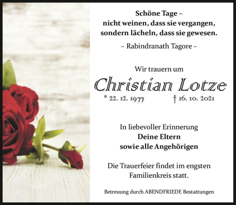 Traueranzeige für Christian Lotze  vom 06.11.2021 aus Magdeburger Volksstimme