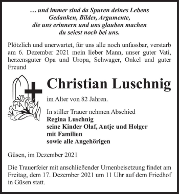 Traueranzeige von Christian Luschnig  von Magdeburger Volksstimme