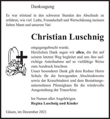 Traueranzeige von Christian Luschnig  von Magdeburger Volksstimme