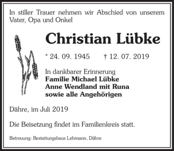 Traueranzeige von Christian Lübke  von Magdeburger Volksstimme