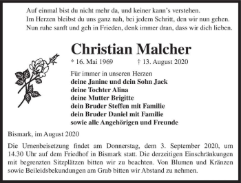 Traueranzeige von Christian Malcher  von Magdeburger Volksstimme
