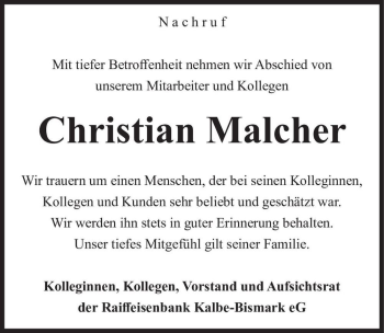Traueranzeige von Christian Malcher  von Magdeburger Volksstimme